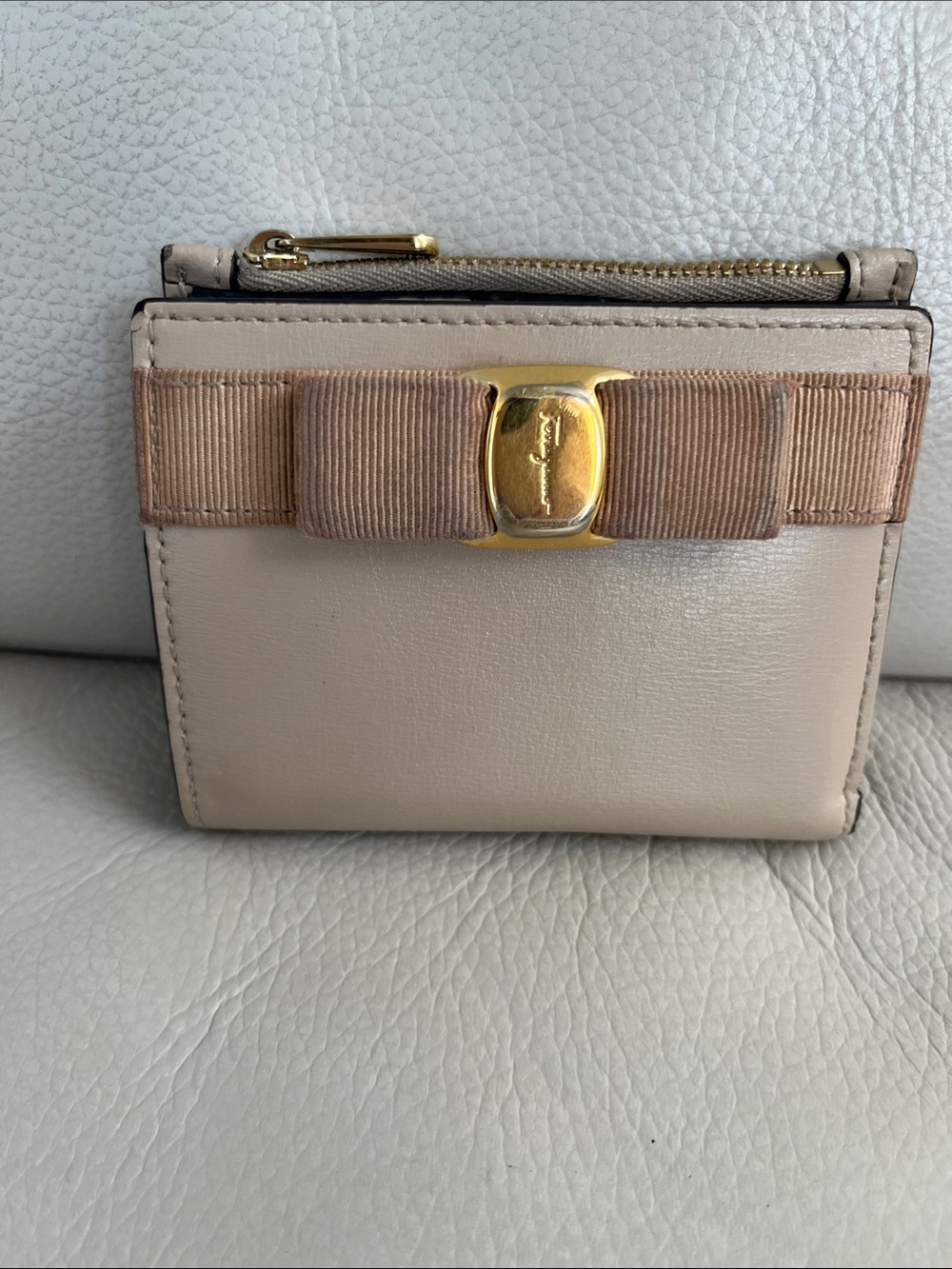 Salvatore Ferragamo Beige Leather Compact Wallet with Gold Hardware
